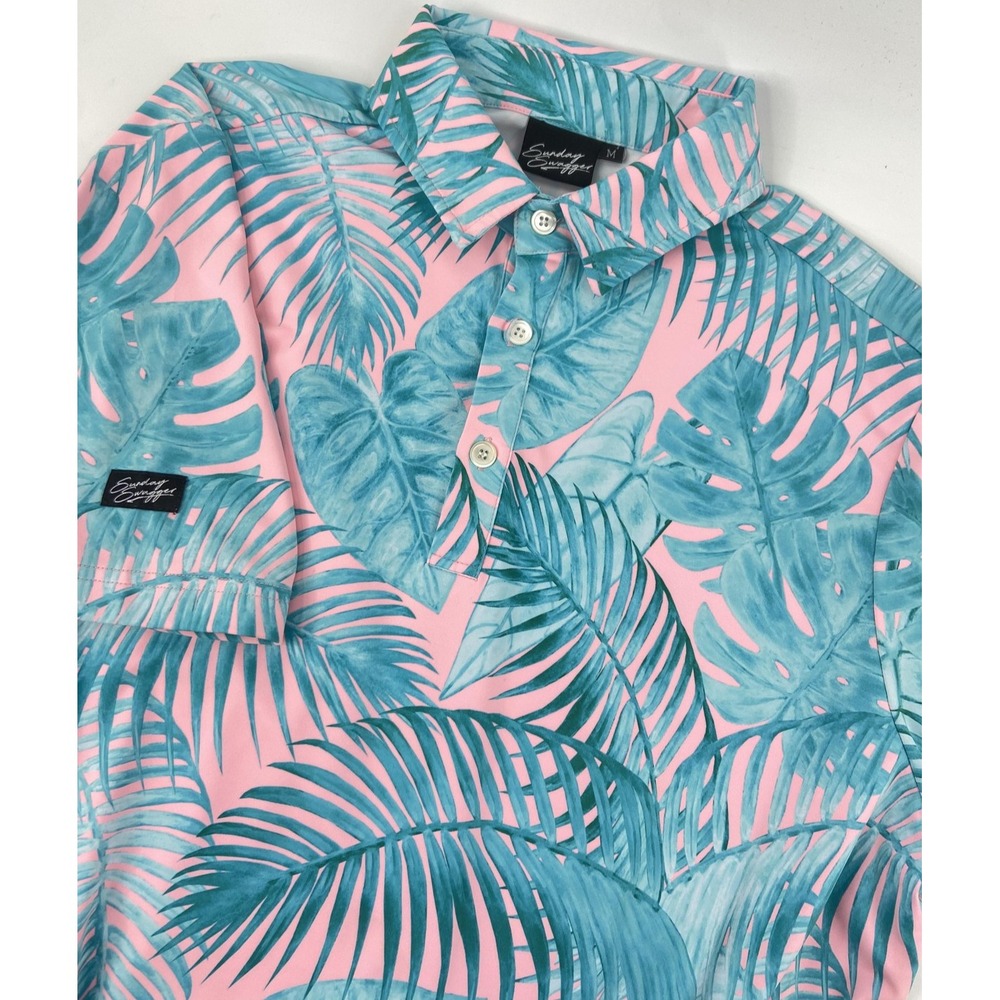 Sunday‎ Swagger Shirt Mens Medium Pink Palm Leaf Golf Polo Stretch Casual Resort
